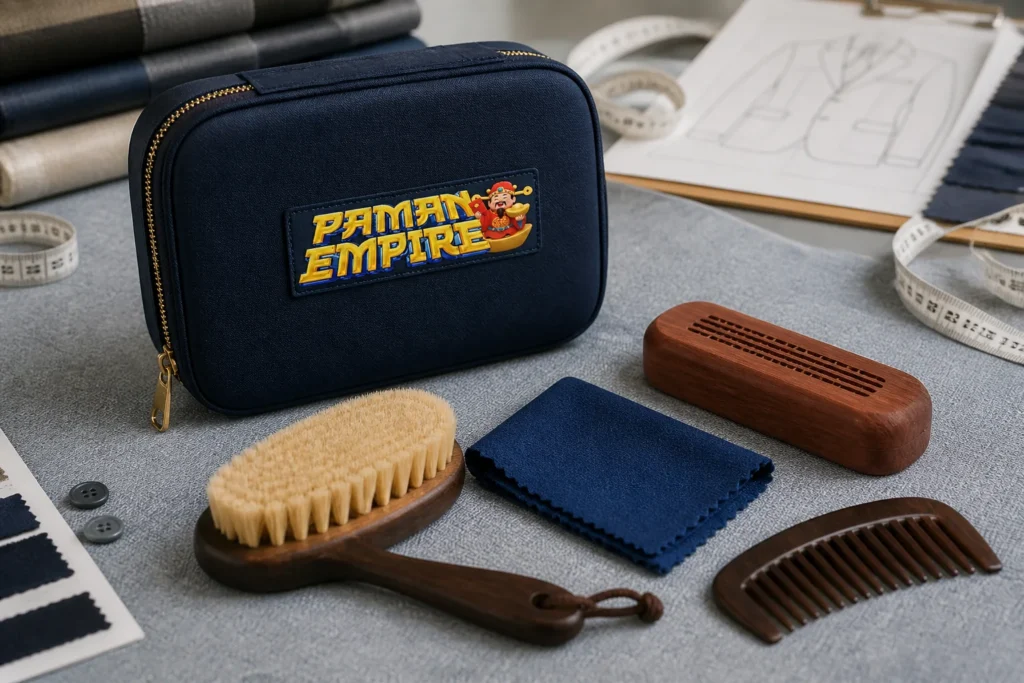 Fabric Care Kit navy kolaborasi ILPDL x Paman Empire dengan alat perawatan tekstil