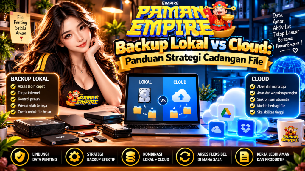 Panduan backup lokal vs cloud untuk menjaga keamanan file dengan ilustrasi wanita PamanEmpire dan perangkat penyimpanan data.