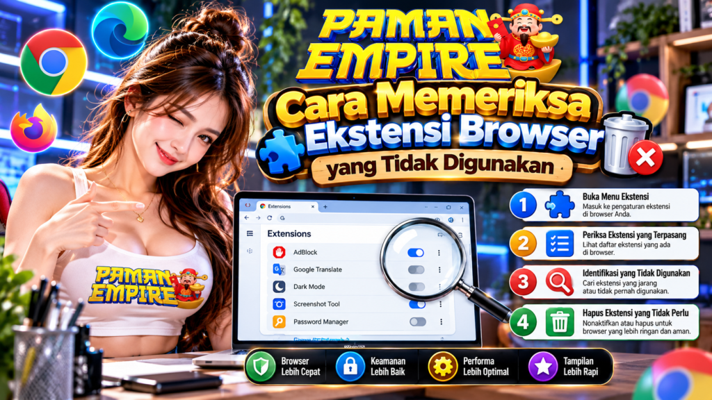Ilustrasi cara memeriksa ekstensi browser yang tidak digunakan, menampilkan daftar ekstensi di laptop, ikon Chrome, Firefox, Edge, dan logo Paman Empire.