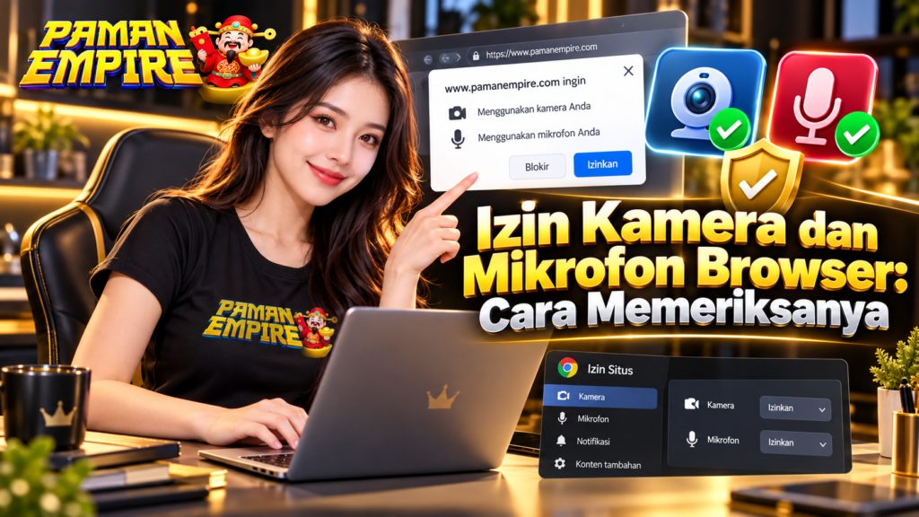Panduan memeriksa izin kamera dan mikrofon browser dengan tampilan pengaturan situs, ikon kamera, mikrofon, dan elemen keamanan PamanEmpire.
